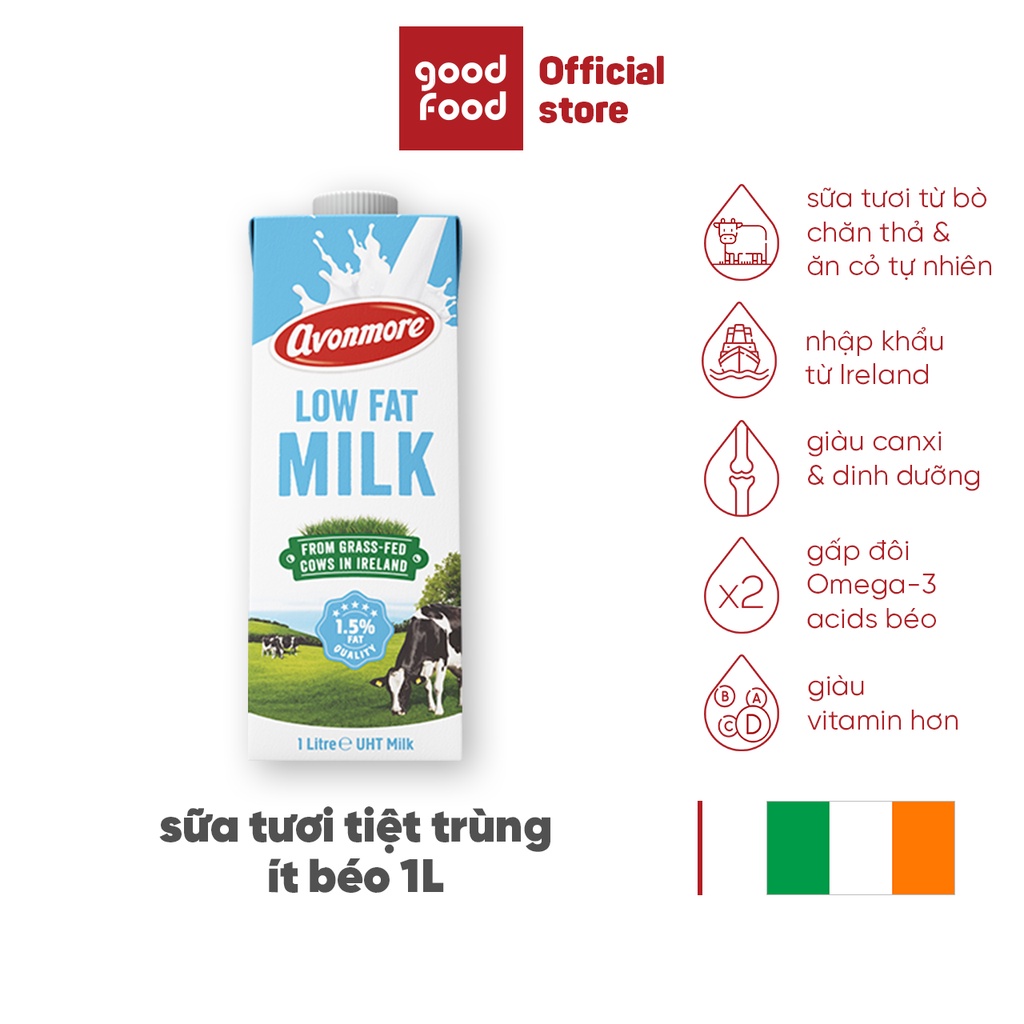 Sữa tươi ít béo tiệt trùng (không đường) Avonmore UHT Low Fat Milk 1L giàu chất dinh dưỡng tốt cho sức khỏe