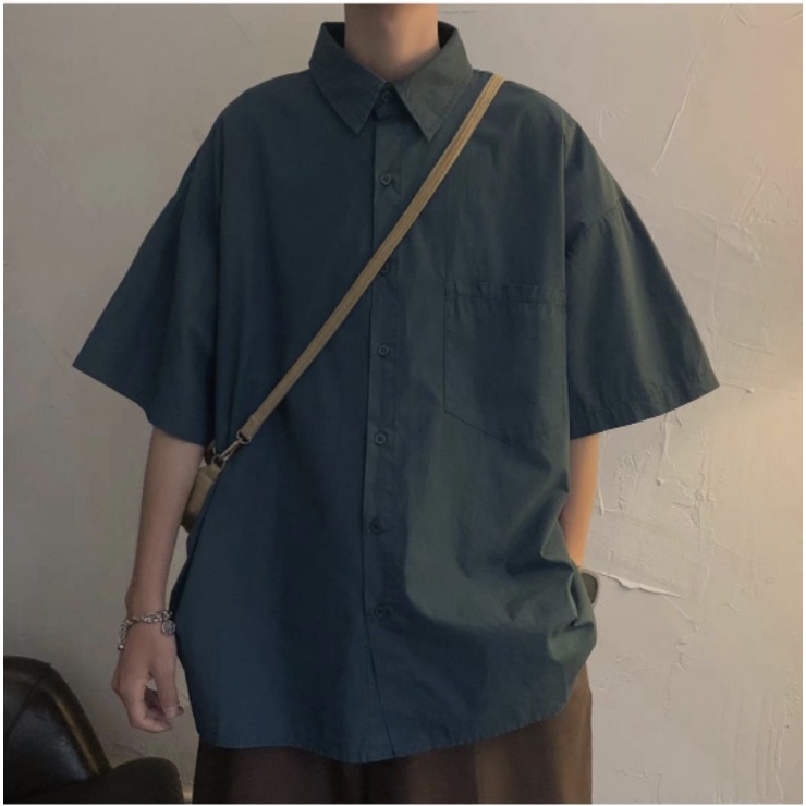 Cổ điển Đơn giản Đơn giản Hàn Quốc Nam giới áo thun tay ngắn Simple Fashion bigsize nhung lê áo sơ mi nam ngắn taySọc lụa bông áo sơ mi nam form rộng
