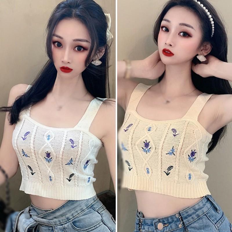 Women Knitted Tank Tops Floral Embroidery Camisole Summer Suspender Crop Top | BigBuy360 - bigbuy360.vn