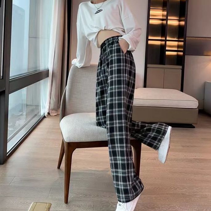 JSC Quần Dài Lưng Cao Ống Rộng Sọc Ca Rô Trắng Đen Thời Trang Xuân Hè 2023 Cá Tính Cho Nữ