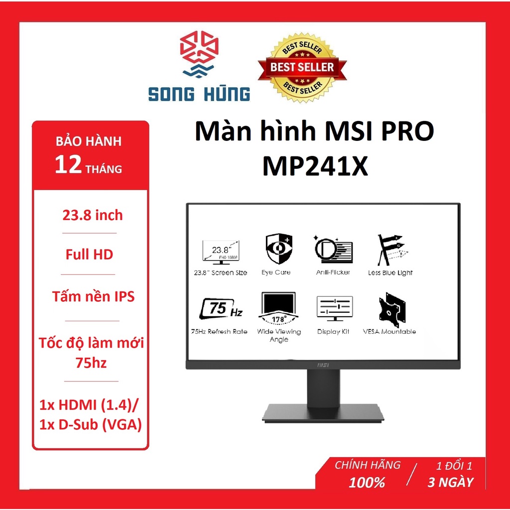 Màn hình máy tính MSI PRO MP241X 23.8 inch FHD/VA 75Hz full viền, màn hình phẳng, chính hãng