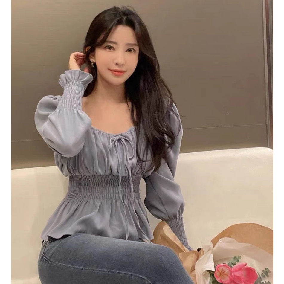 Áo sơ mi nữ kiểu Hàn Quốc form rộng đẹp công sở tay dài bigsize đi học trắng xanh tay phồng dễ thương DK3T502