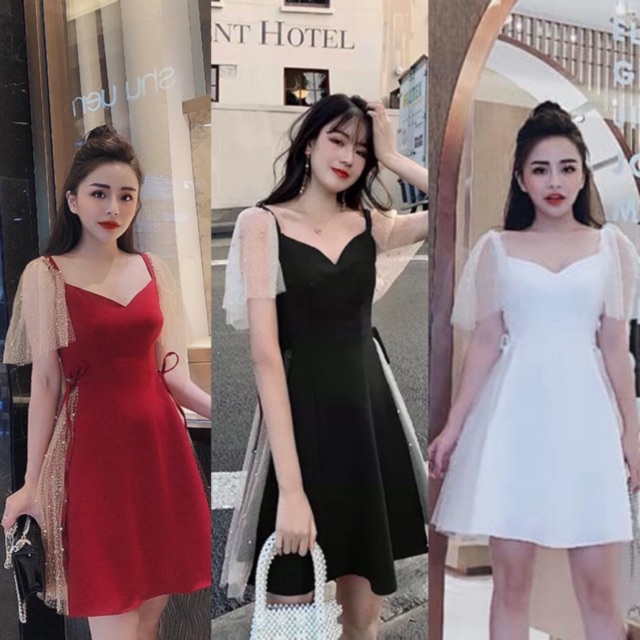 Đầm xoè phối lưới nhũ đính hạt/ đầm dự tiệc