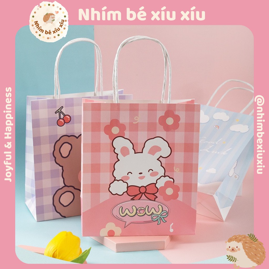 Túi giấy đựng quà tặng có quai xách Gấu Thỏ kẻ caro 18*21*8 cm VT53