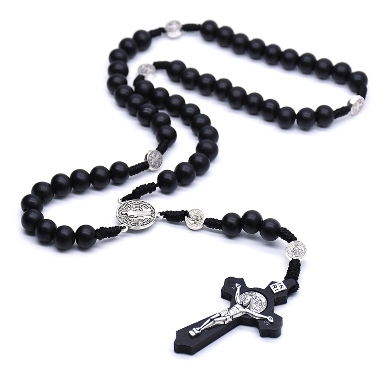 Dây chuyền chuỗi hạt mân côi đen mặt hình thánh giá chúa Jesus