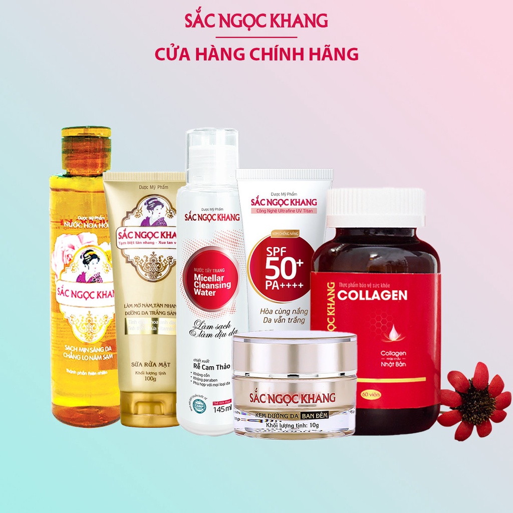 Combo Dưỡng mờ nếp nhăn -Da căng sáng mịn Sắc Ngọc Khang 6 món [Collagen+ Kem10g+Tẩy trang+Hoa hồng+Chống nắng+SRM 100g]