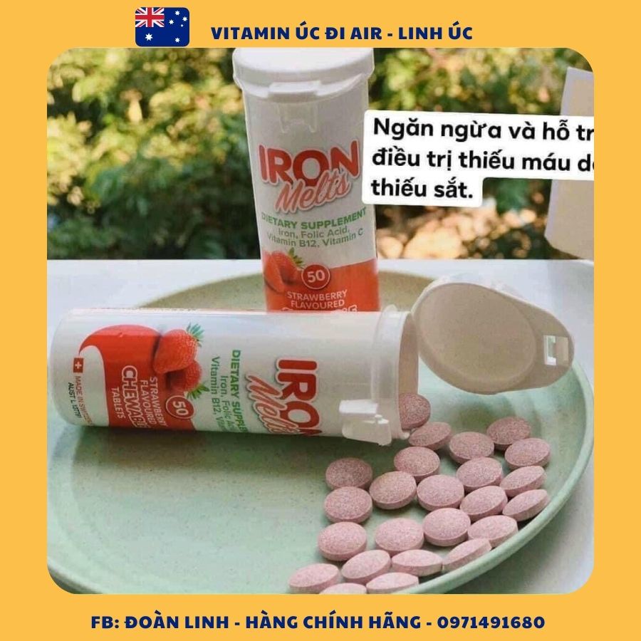 Viên ngậm bổ sung sắt Iron Melts Chewable vị dâu 50 viên; Hàng Chuẩn Úc
