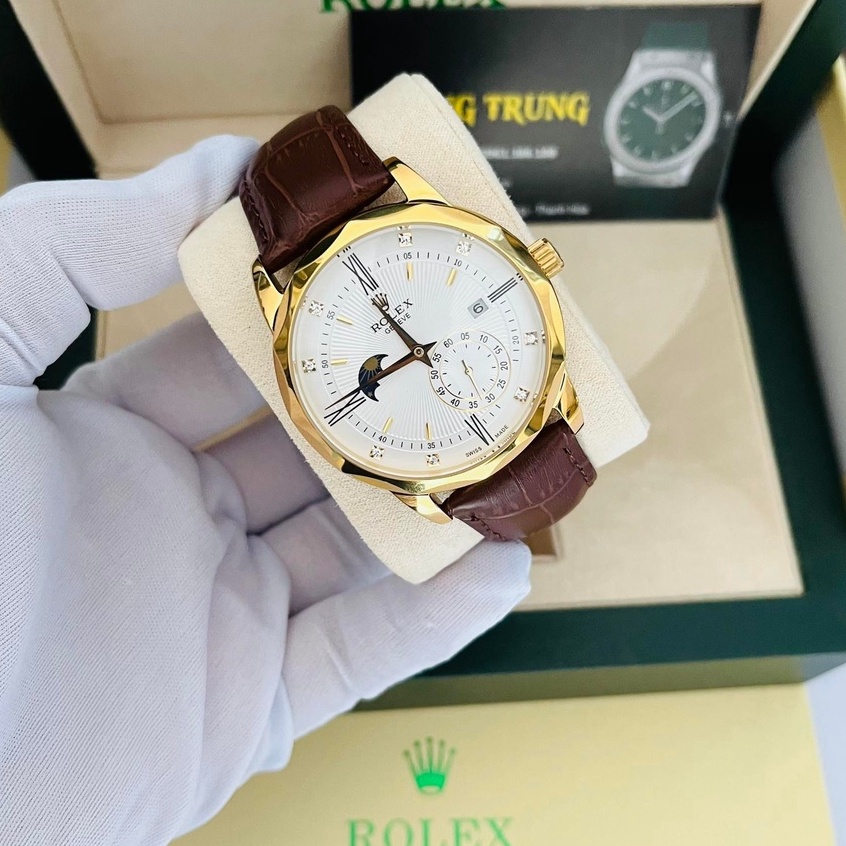 Đồng hồ Nam Rolex máy nhật, mẫu 3kim cắt vát mặt trắng viền vàng dây da, dòng cơ Automatic size 40mm-41mm