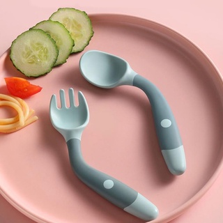 Set thìa cho bé tập xúc, bộ thìa dĩa ăn dặm silicon uốn cong cho bé tập ăn