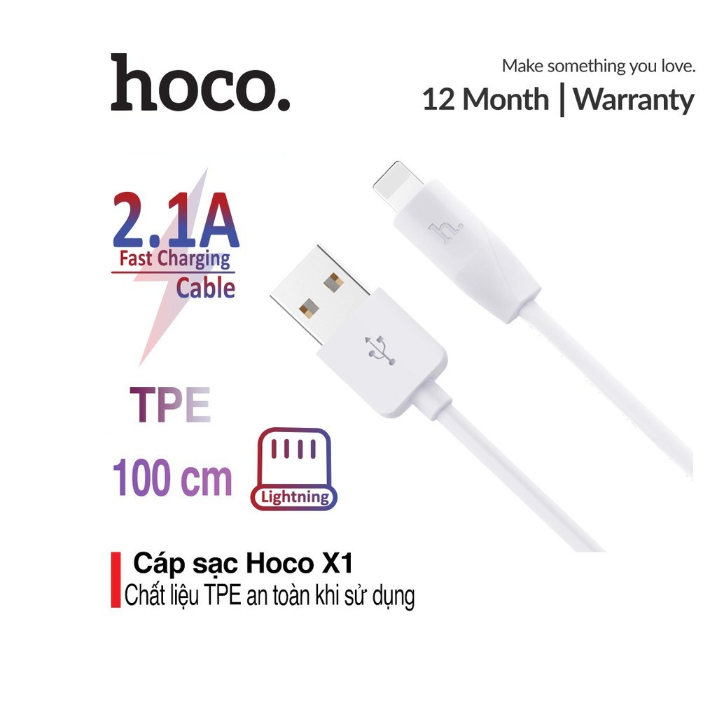 Cáp sạc nhanh 2.1A Hoco X1 Lightning dây siêu bền cao cấp hỗ trợ sao chép dữ liệu nhanh chóng dài 1m/2m/3m cho iPhone