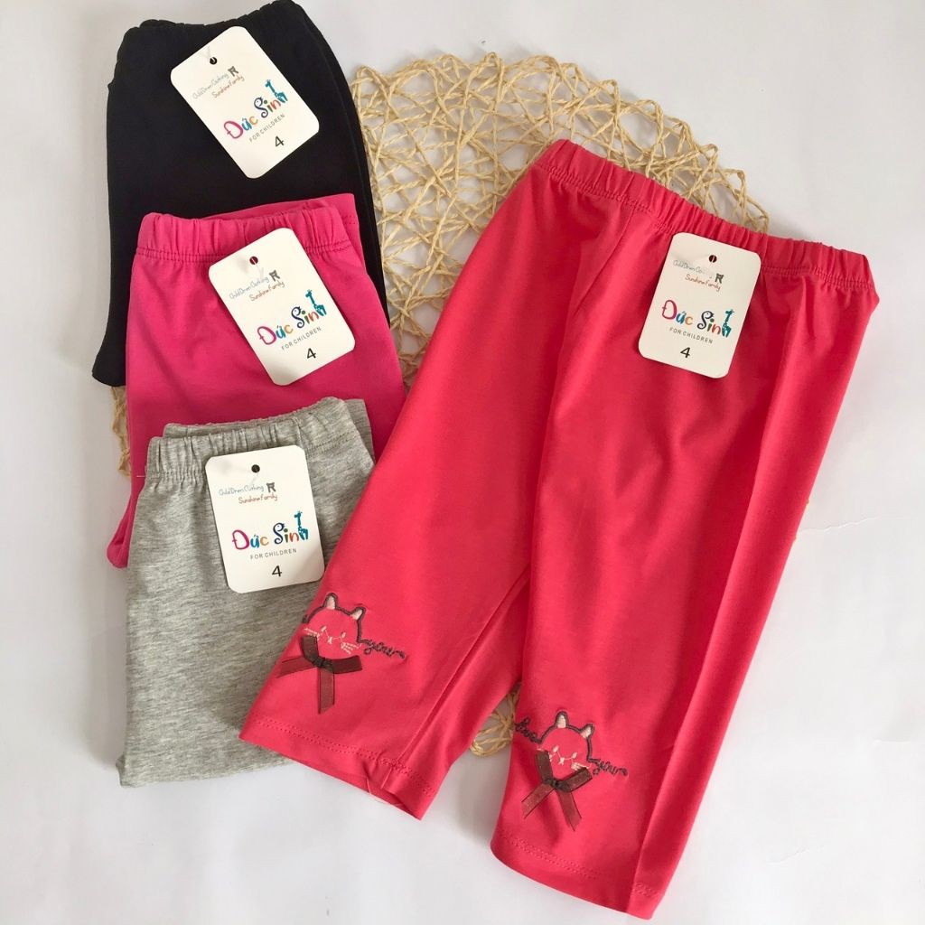 [ẢNH THẬT] Quần Legging Ngố Lửng Bé Gái Đức Sinh Thêu Mèo Đáng Yêu Chất Liệu Cotton Mềm Nhẹ Cho Bé 10-15kg