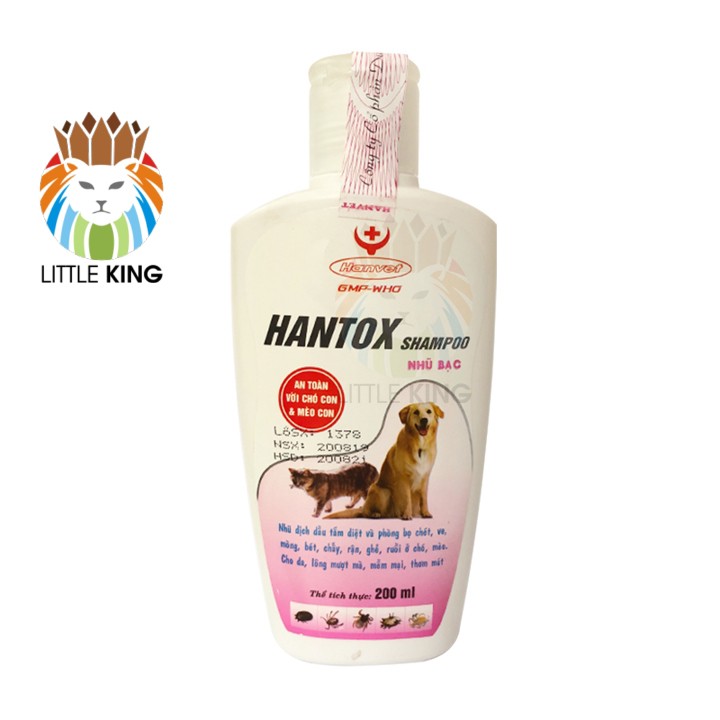 Sữa tắm cho chó mèo Hantox Shampoo Hồng Nhũ Bạc 200ml, Sữa tắm trị ve rận, bọ chét, giúp mượt lông Little King pet shop