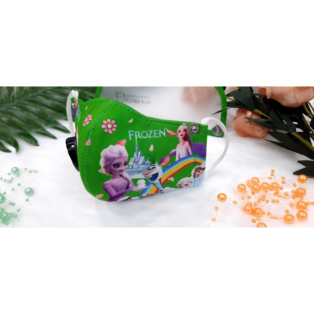 Khẩu trang bé gái 0-5 tuổi in hình Elsa áo tím có van thở và kính chống giọt