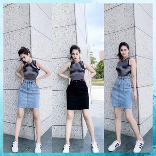 [TH Jeans] Chân váy jeans, chân váy bò trơn lưng cao túi chéo 1 khuy có quần bên trong. Mã V5135