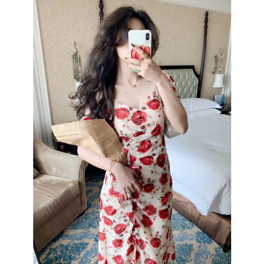 Đầm Ôm Eo Xẻ Tà In Họa Tiết Hoa Hồng Lãng Mạn Mùa Hè Mới 2021