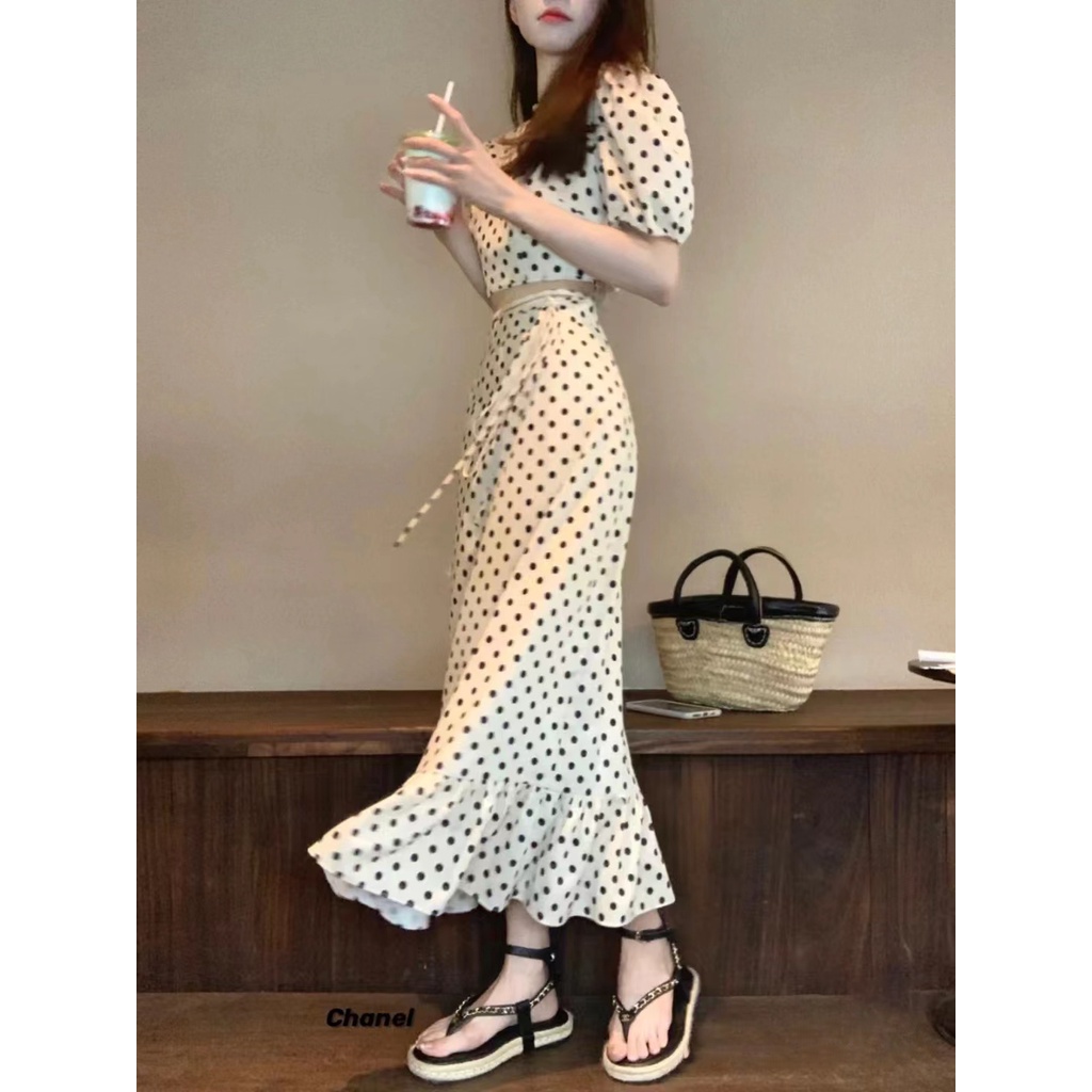 Sản Phẩm Mới Mùa Hè!Bộ Áo + Chân Váy Đuôi Cá Chấm Bi Phong Cách Pháp Thời Trang 2022 Cho Nữ