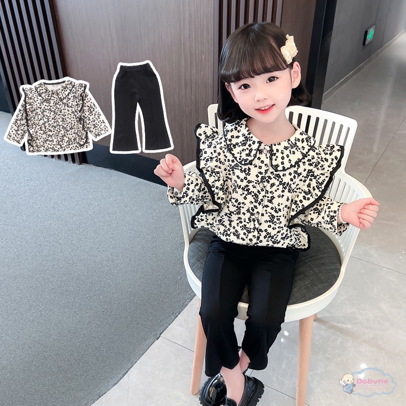 Bộ Đồ Thời Trang 2 Món Áo In Hoa + Quần Ống Loe Ôm Dáng Kiểu Hàn Quốc Xinh Xắn Cho Bé Gái