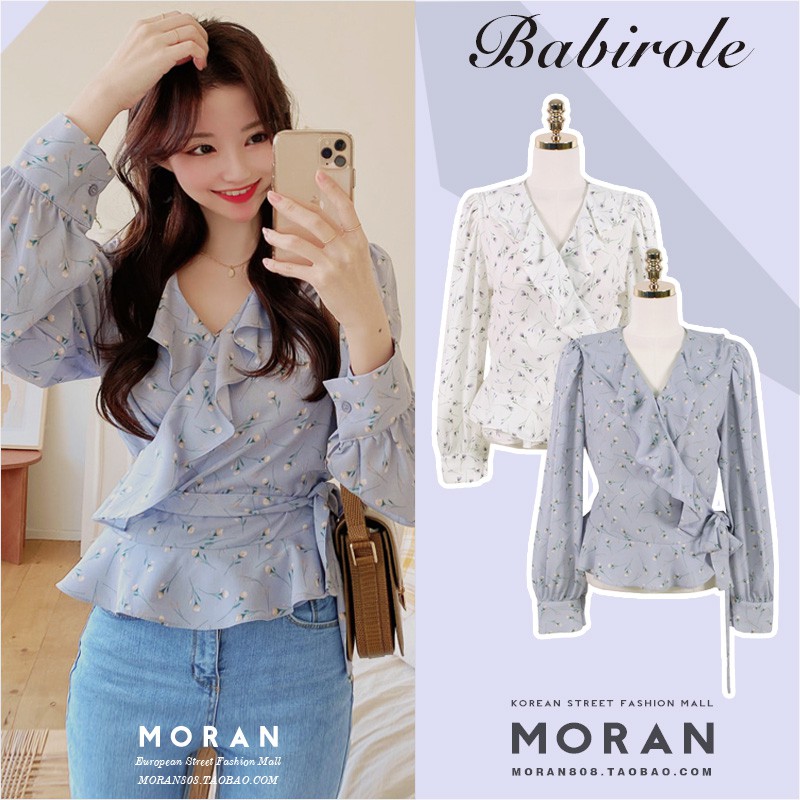 (ORDER) Áo sơ mi MORAN dài tay phối bèo cổ V điệu đà thắt eo vintage Hàn Quốc