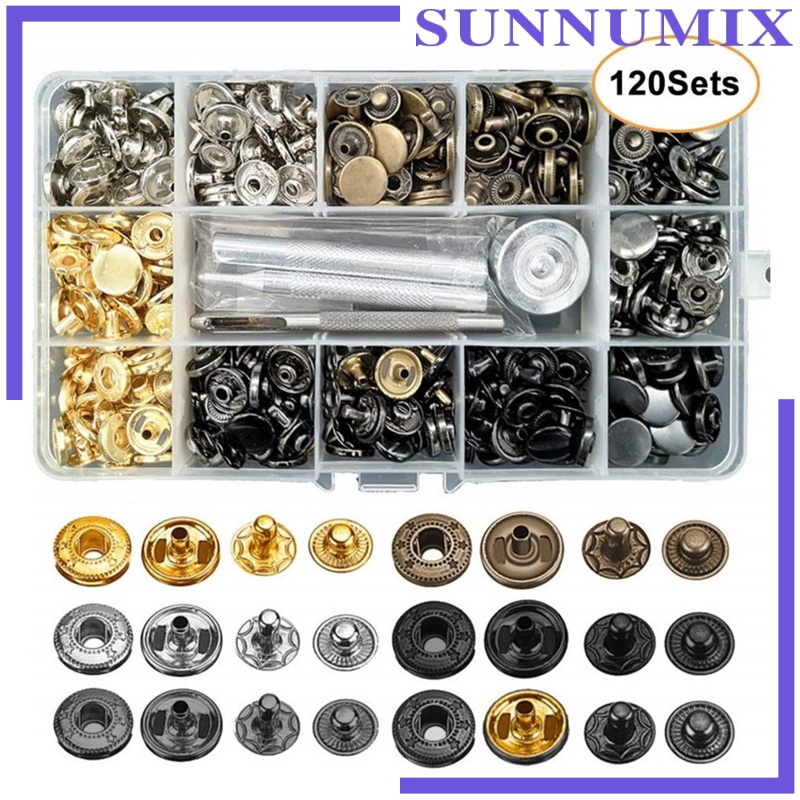 [SUNNIMIX] 1Set Snap Fastener Kit, Press Studs Snap Fasteners Clothing Snaps Button with 4 Pcs Installation Tools for Bags, Jeans, Clothes, Fabric, Leather Craft