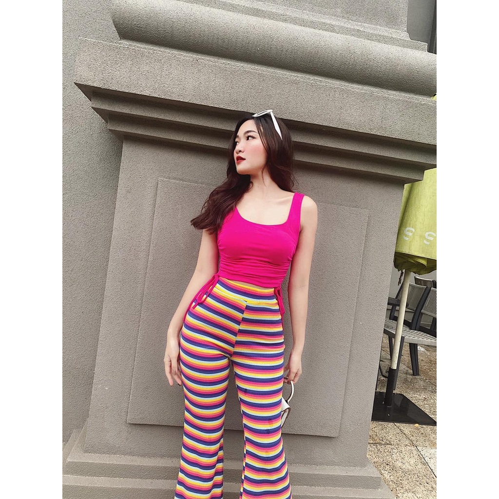 Đồ bộ nữ, set đồ bộ quần ống loe đai cao và áo croptop 2 dây bản to có dây rút 2 bên vải thun gân borip, đồ bộ mặc ở nhà