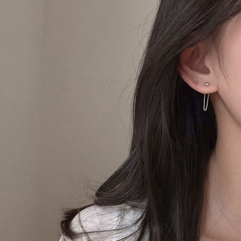 Ahellogirl Mạ Bạc Hoa tai kim loại phối chuỗi xích phong cách Hàn Quốc cá tính hợp thời trang