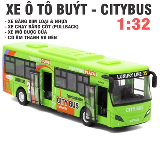 Xe ô tô buýt 1 tầng bằng sắt đồ chơi trẻ em có âm thanh và đèn xe chạy cót