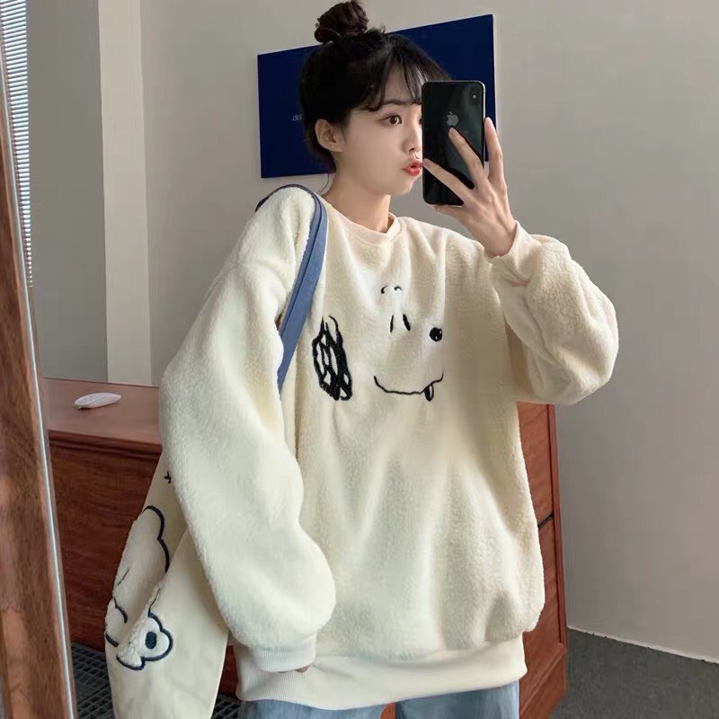 Áo Nỉ Bông Snoopy PEONYB Nữ [FREESHIP] 🌸 Sweater lông form rộng tay bồng màu trắng, hoodie đẹp cá tính Ulzzang 🌸 | BigBuy360 - bigbuy360.vn