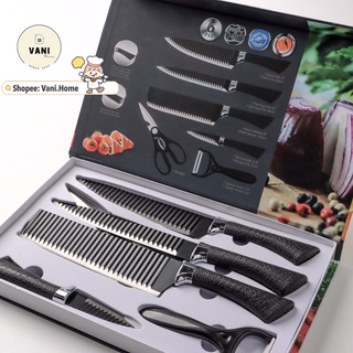 Bộ dao Nhật lượn sóng ASAKH làm bếp 6 món chất liệu hộp kim cao cấp chống gỉ - Set dao Nhật Asakh 6 món