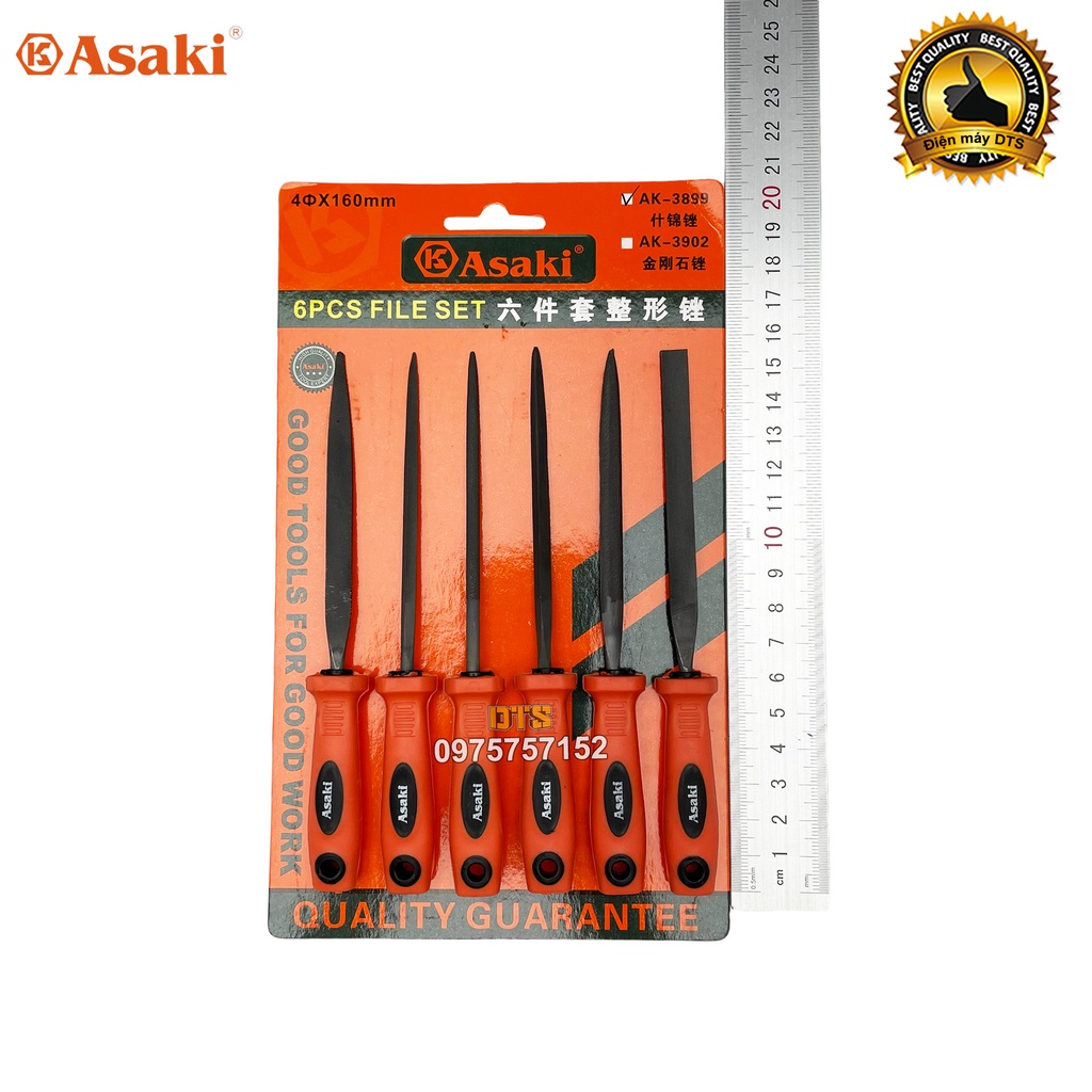 Bộ dũa mài kim loại hợp kim 4x160mm Asaki AK-3899, bộ 6 giũa mài đa năng thép carbon T2 chống mài mòn, dũa mini cao cấp
