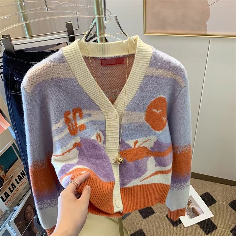 Áo Khoác Cardigan Dệt Kim Cổ Chữ V Dáng Ngắn Màu Sắc Tương Phản Thời Trang Mùa Thu