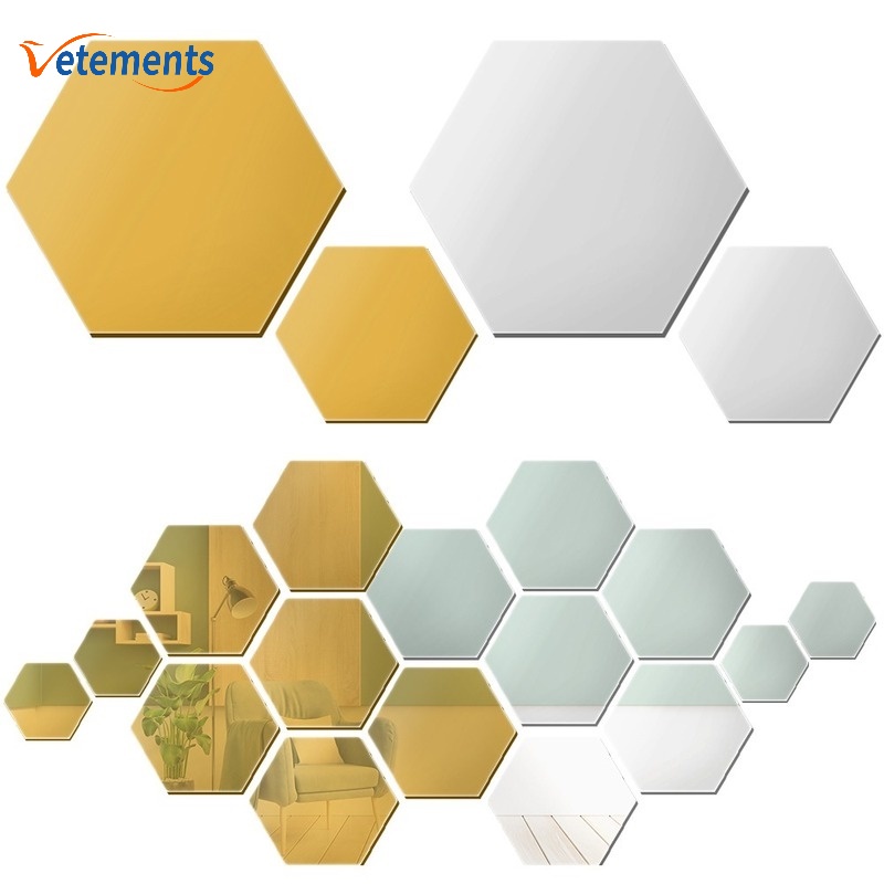 Miếng Dán Tường Trang Trí Nội Thất Phòng Khách Hình Lục Giác Bằng Acrylic Tráng Gương Màu Vàng/Bạc Có 2 Kích Cỡ