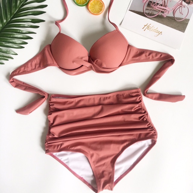 Bikini cúp ngực cạp cao hồng đất
