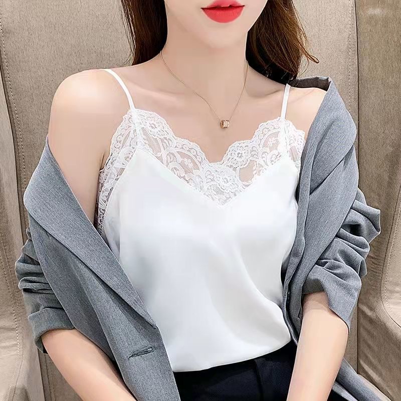 Áo Hai Dây Vải Voan Phối Ren Màu Trơn Thời Trang Quyến Rũ Dành Cho Nữ