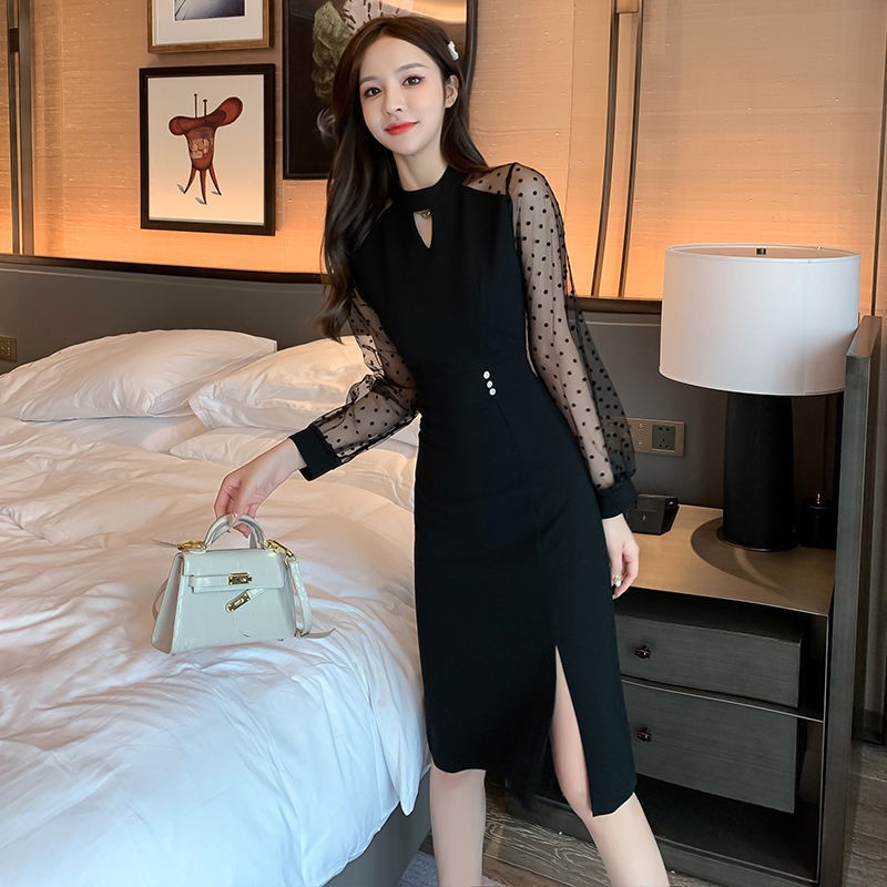 Sườn xám cách tân màu đen phối lưới thời trang xuân thu cho nữ 2021👗Cửa hàng 6 kích thước cho nữ 6👗Hl Hl