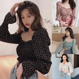 Áo Sơ Mi Chiffon Tay Ngắn Cổ Vuông Họa Tiết Hoa Quyến Rũ
