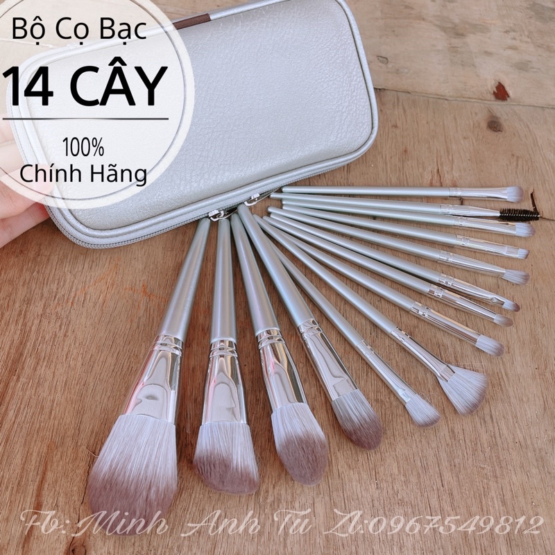Bộ Cọ Trang Điểm Cán Bạc Cao Cấp Lông Siêu Mịn 14 Cây Kèm Bao Da