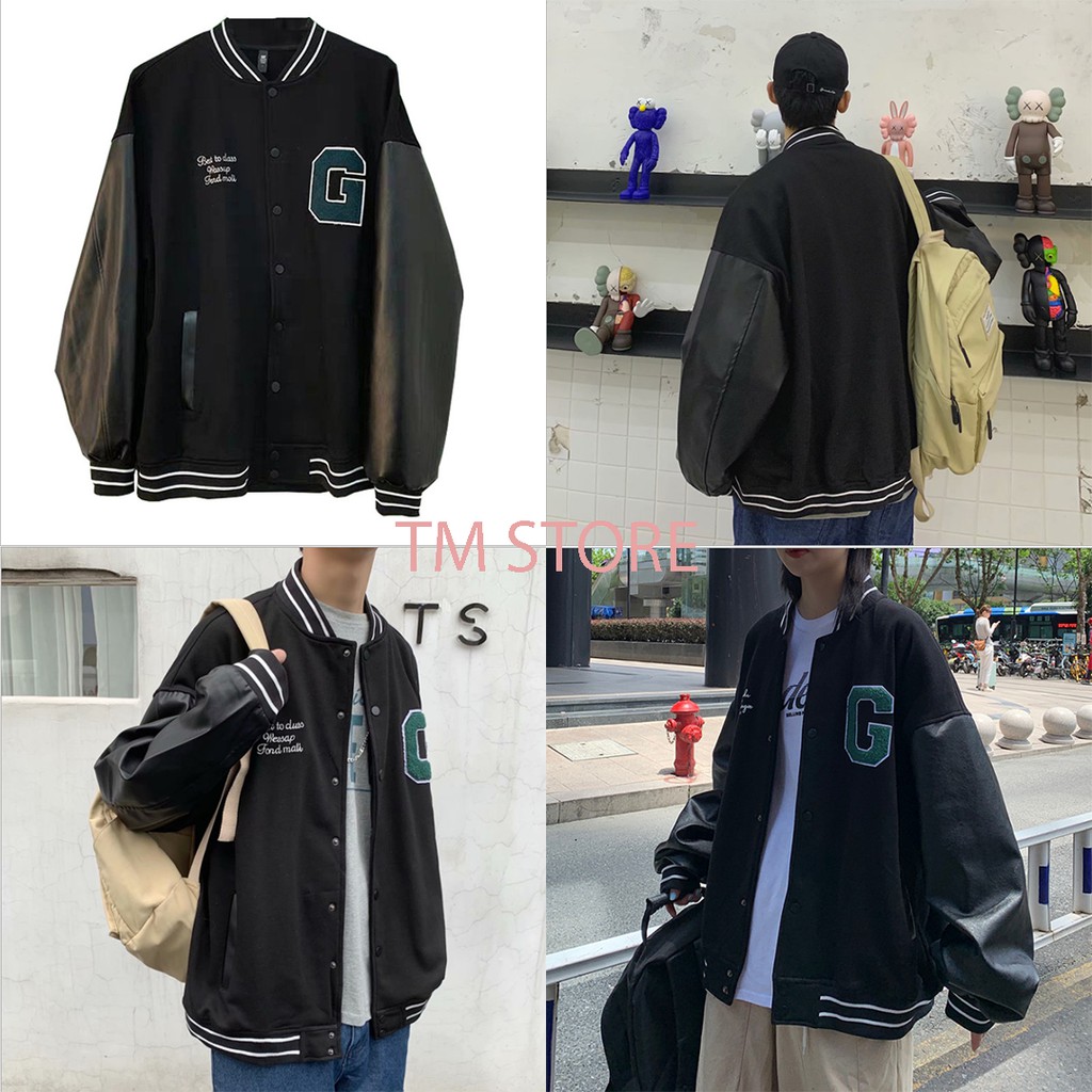 Áo khoác bomber G Varsity Jacket vải nỉ phối tay da, áo bomber bóng chày nam nữ unisex form rộng