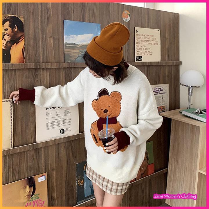 Áo Len Nữ, Áo Len Họa Tiết Gấu Cổ Tròn Form Rộng Dễ Thương Ulzzang | BigBuy360 - bigbuy360.vn