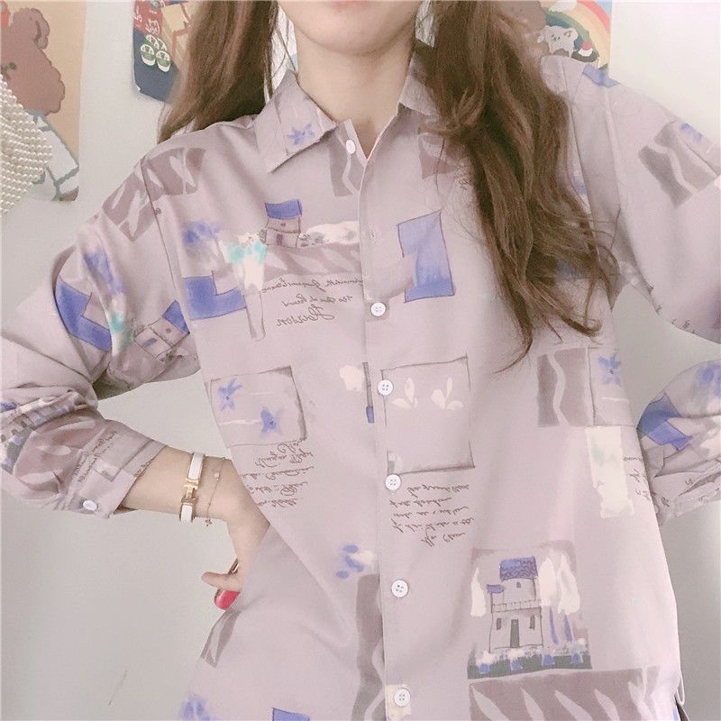 Áo Sơ Mi Nữ Dài Tay Cổ Bẻ Form Rộng In Họa Tiết Phong Cách Retro Hong Kong Mới