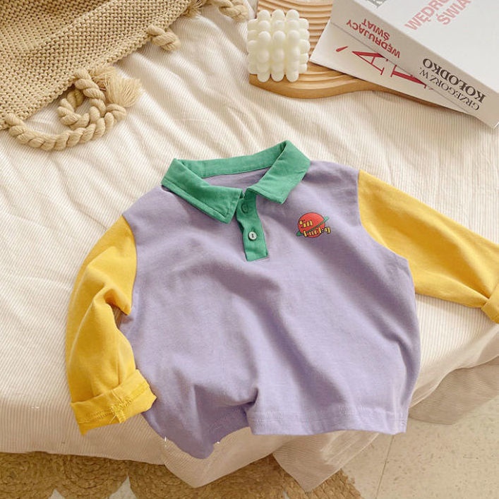 [Babycat] Hàng Có Sẵn Áo Thun POLO Cotton Nguyên Chất Tay Dài Màu Sắc Tương Phản Phong Cách Nhật Bản Hàn Quốc Cho Bé
