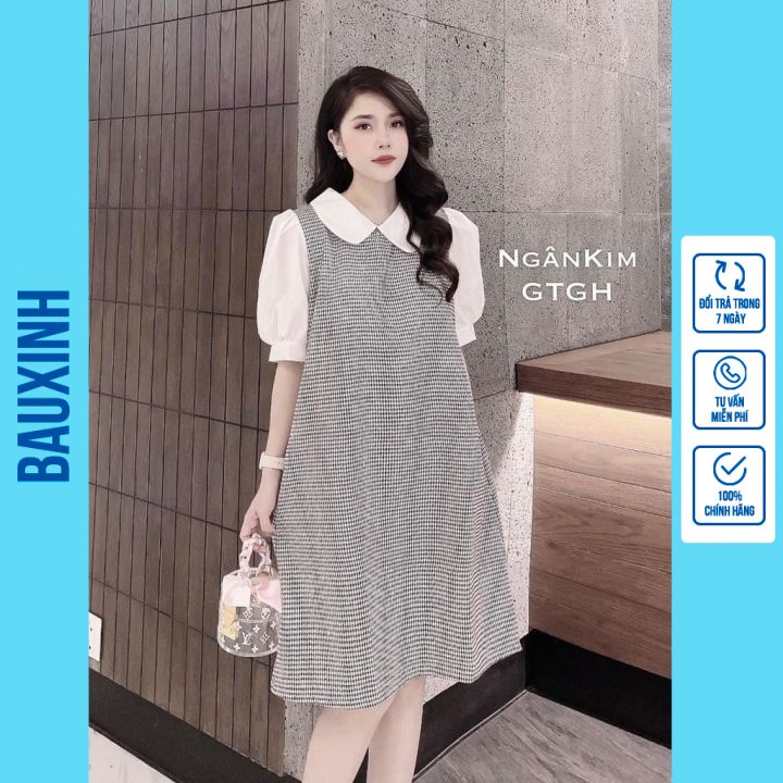 Váy bầu thời trang thiết kế kẻ caro chất đũi đẹp freesize từ 45 đến 75kg