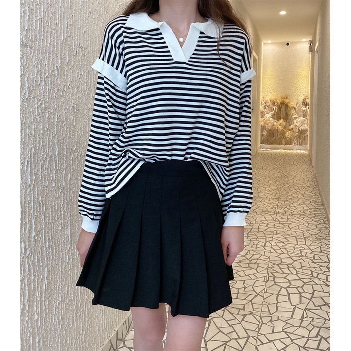 SUXI Áo Dệt Kim Tay Dài Dáng Rộng Kẻ Sọc Kiểu Hàn Quốc Thời Trang Mùa Thu Cho Nữ