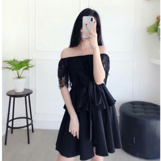 Đầm dự tiệc, đầm trễ vai phối ren bèo tầng xinh xắn