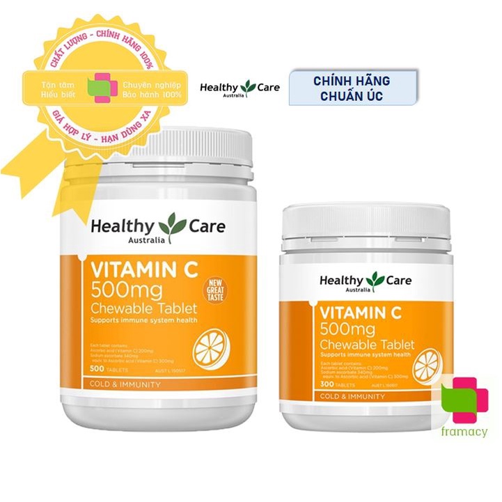 Healthy care vitamin C 500mg, Úc (300v/ 500v) viên nhai hỗ trợ sức đề kháng, đẹp da cho người từ 2 tuổi trở lên