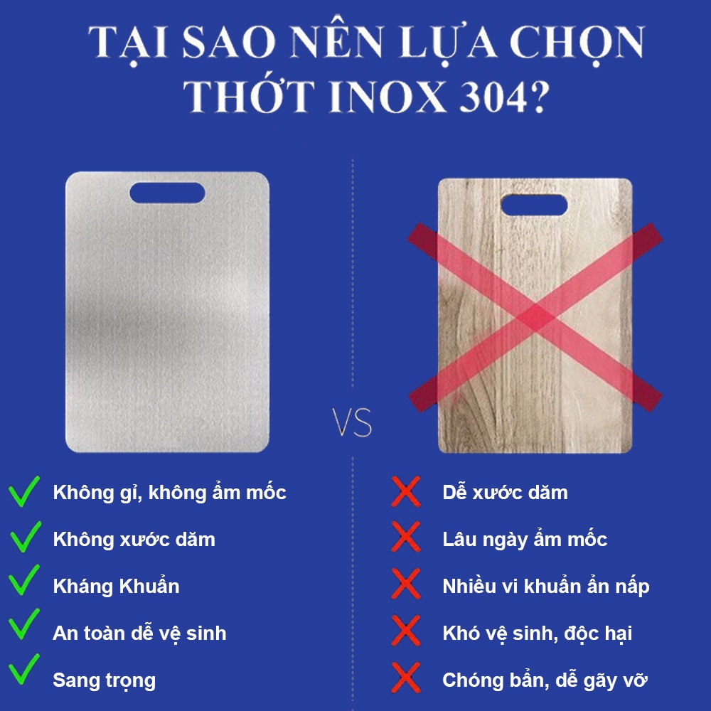 Thớt inox 304 kháng khuẩn cao cấp chống ẩm mốc độc hại, thớt inox tiện lợi dễ dàng vệ sinh an toàn không mùn gỗ