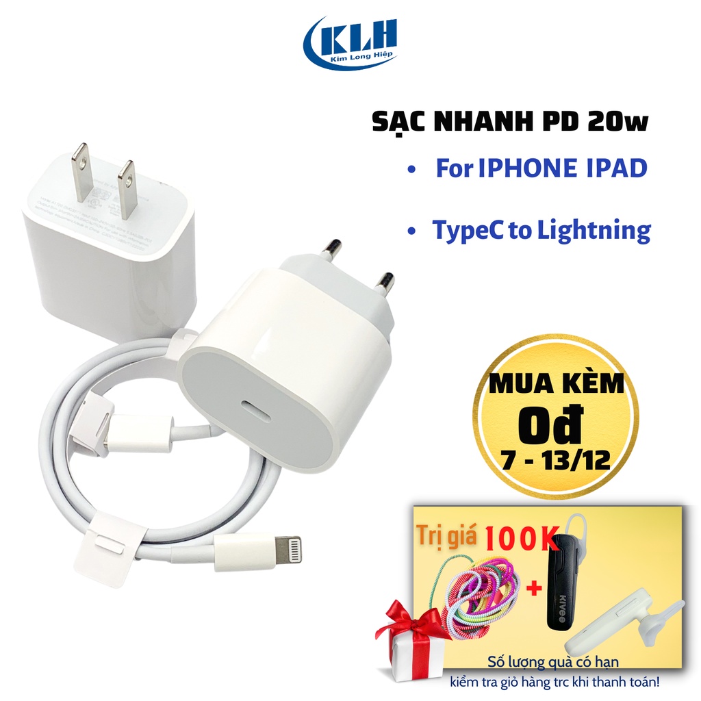 Bộ sạc nhanh chân Lightning PD 20W cho 11, củ cáp to Typec tiêu chuẩn EU, cóc và dây sạt dài 1m