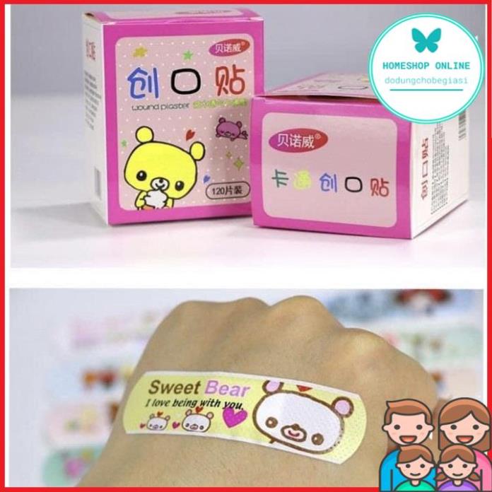 Hộp băng gâu 100 miếng hình ngộ nghĩnh cho bévăng  keo cá nhân urgo hình họa tiết cute dễ thương Healthcare24h E001, 1 h