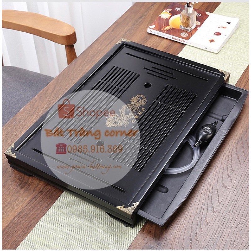 Khay trà gỗ Rồng Phú Quý nẹp đồng cỡ to