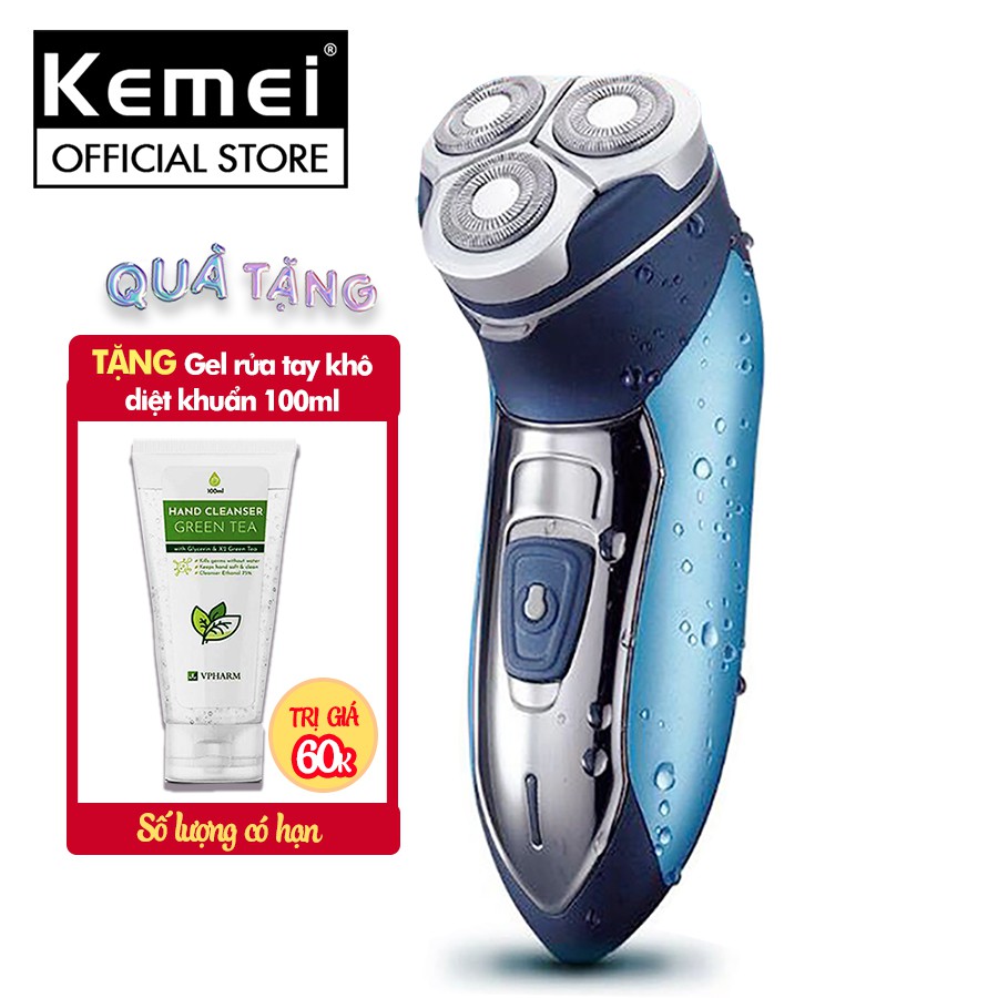 Máy cạo râu cao cấp Kemei KM-7390 chống thấm nước có thể cạo khô và cạo ướt với 3 lưỡi cạo tiện lợi