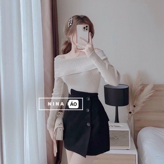 Sét chân váy lệch tà nút kèm áo bệt vai đỏ w7